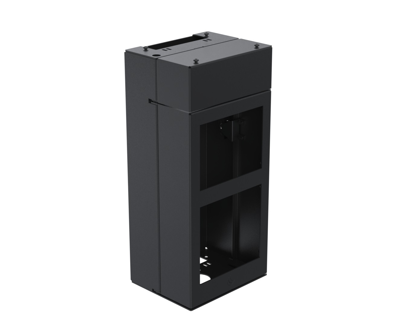 Black ergonomic kiosk center module with a sleek design, featuring integrated components and an open front for accessibility, made from durable materials for stability.