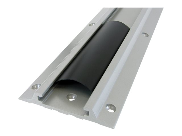 Aluminium wall track in silver with a black cable management cover, featuring multiple mounting holes for easy installation and a sleek, modern design.
