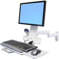 White Ergotron 200 Series Combo Arm with adjustable monitor mount, keyboard tray, and mouse holder for wall setup.