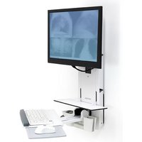 White Ergotron monitor mount with 24" screen, keyboard tray, and adjustable wall bracket.