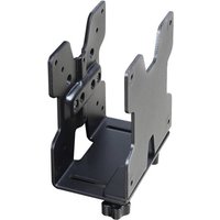 Black Ergotron desk-mounted CPU holder with adjustable brackets and sturdy metal construction.