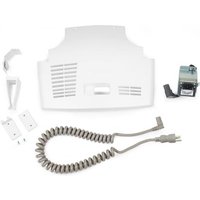 White Ergotron multimedia cart accessory with coiled cord, vented panel, and mounting brackets.