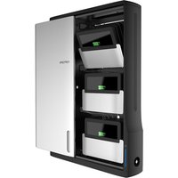 Ergotron portable device management cart with sleek black frame, silver door, and slots for charging multiple devices.