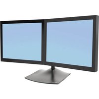 Ergotron DS100 Dual Monitor Stand with two black frames on a sleek black base, supporting 24-inch screens horizontally.