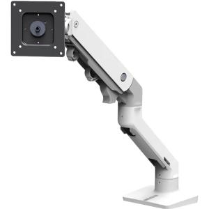 White Ergotron Hx monitor arm mounting kit designed for screens up to 49 inches, featuring a sturdy base and adjustable arm for optimal positioning.