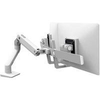 White Ergotron HX monitor mount with adjustable arm, supporting a 32-inch screen, sleek and modern design.