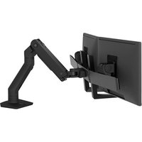 Black Ergotron HX Series monitor mount with adjustable arm holding a 32-inch screen, sleek and sturdy design.