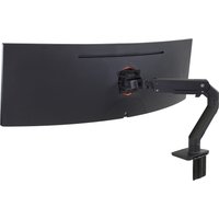 Black Ergotron HX monitor mount with adjustable arm, supporting a large curved screen, desk clamp attachment.