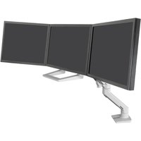 Ergotron HX Triple Monitor Bow Kit with silver arms, supporting three black monitors in a curved alignment.