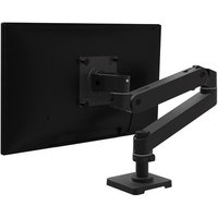 Black Ergotron LX Pro Series monitor mount with adjustable arm and sturdy base, supporting a large screen.