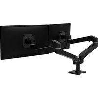 Black dual-monitor mount with adjustable arms and sturdy base, designed for 27-inch screens, by Ergotron.