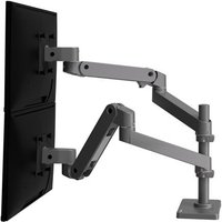 Ergotron LX Pro Series monitor mount, dual-arm, silver finish, adjustable height, supports two 27-inch screens.