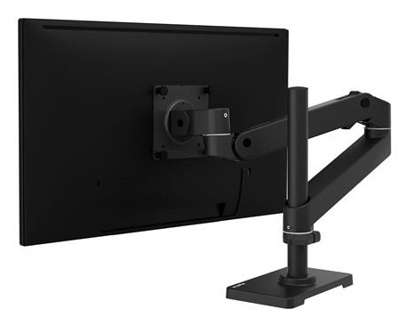 Black Ergotron LX Pro Series monitor mount with adjustable arm and sturdy base, designed for 34" screens, showcasing a sleek, modern design and durable materials.