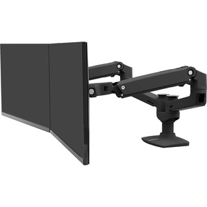 Black height-adjustable dual arm desk mount with sturdy metal construction, designed to hold two monitors, featuring flexible arms for optimal positioning and a sleek, modern design.