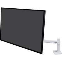Ergotron LX Series monitor mount, sleek white arm with adjustable joints, holding a 34" black screen.