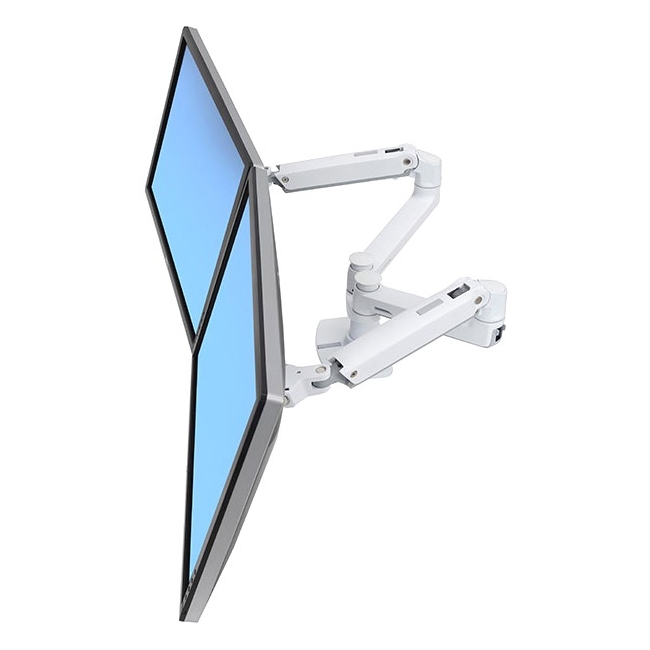 Ergotron LX Series 45-491-216 monitor mount features a sleek white design with adjustable arms, supporting up to 27-inch displays for optimal positioning and ergonomic use.
