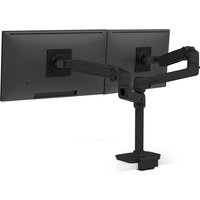 Black Ergotron LX Series dual monitor mount with adjustable arms and sleek desk clamp design.