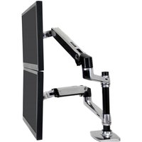 Silver Ergotron LX dual stacking arm with adjustable joints, supporting two stacked 24" monitors on a desk mount.