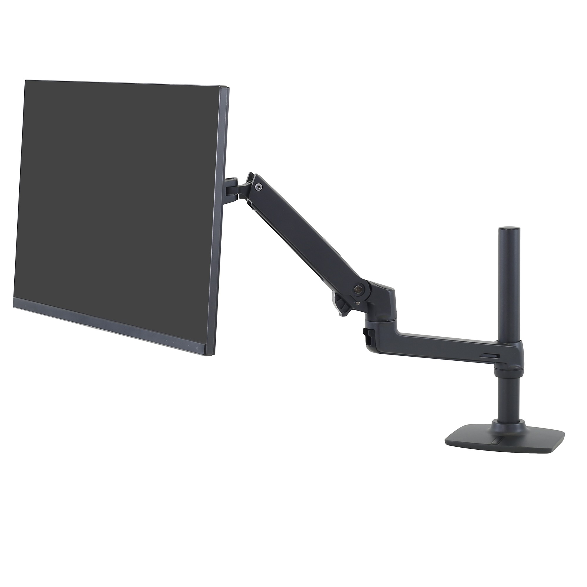 Matte black Ergotron mounting arm for monitors, featuring a height-adjustable design, supporting screens up to 34 inches and a load capacity of 11.34 kg, with a sturdy base.