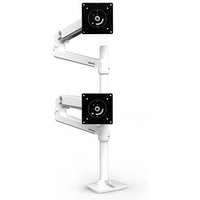 White Ergotron LX Dual Stacking Arm for 40" monitors, adjustable arms with VESA mounts on a sturdy desk clamp.