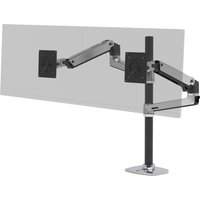 Dual monitor arm with tall black pole, silver adjustable arms, and VESA mounts for ergonomic screen stacking.