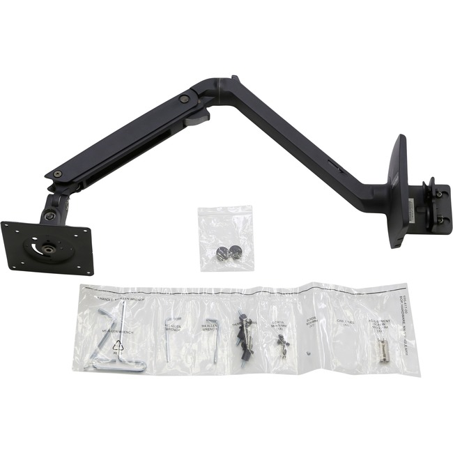 Black Ergotron MXV Series monitor mount with an adjustable arm, VESA mount plate, and hardware kit in clear packaging, designed for screens up to 34 inches.
