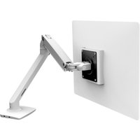 White Ergotron MXV Desk Monitor Arm with adjustable joints and sleek design, supporting a 34-inch screen.