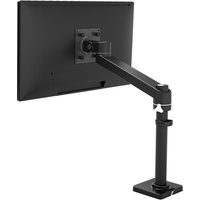 Black Ergotron NX monitor arm with adjustable joints, supporting a 34-inch screen, mounted on a desk clamp.