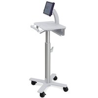 Ergotron StyleView Tablet Cart, white aluminum with adjustable tablet mount, four caster wheels, and storage shelf.