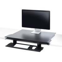 Black Ergotron WorkFit-TX sit-stand desk converter with keyboard tray and monitor on top.