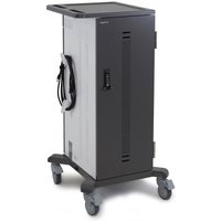 Black and silver Ergotron freestanding charging cart with lockable door, ventilation slots, and four caster wheels.