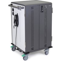 Black and silver Ergotron freestanding charging cart with lockable doors, ventilation slots, and four caster wheels.
