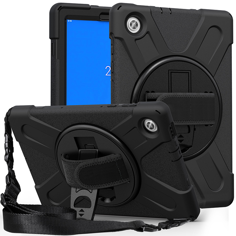 Black ESTUFF AUSTIN Defender Case for Lenovo TAB M10 HD 2nd Gen features a rugged design, built-in kickstand, and adjustable strap for secure handling.