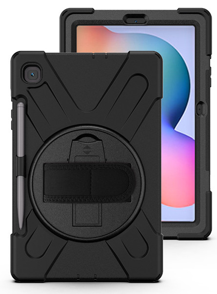 Black ESTUFF AUSTIN Defender Case designed for Samsung Galaxy Tab S6 Lite, featuring a rugged exterior, built-in kickstand, and a secure slot for a stylus.