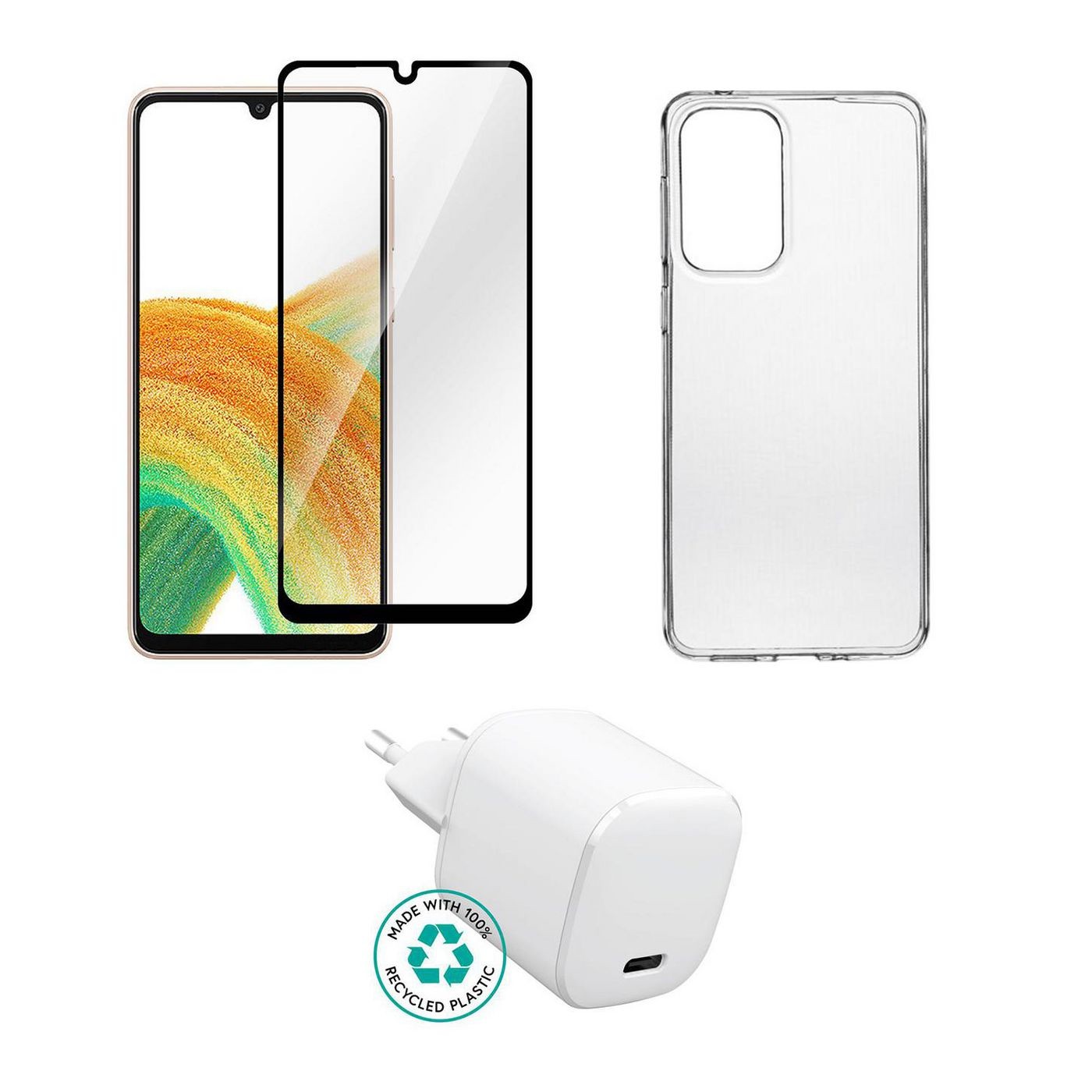 White mobile device charger with a USB-C port, transparent phone case, and tempered glass screen protector, all designed for the Samsung Galaxy A53 5G.
