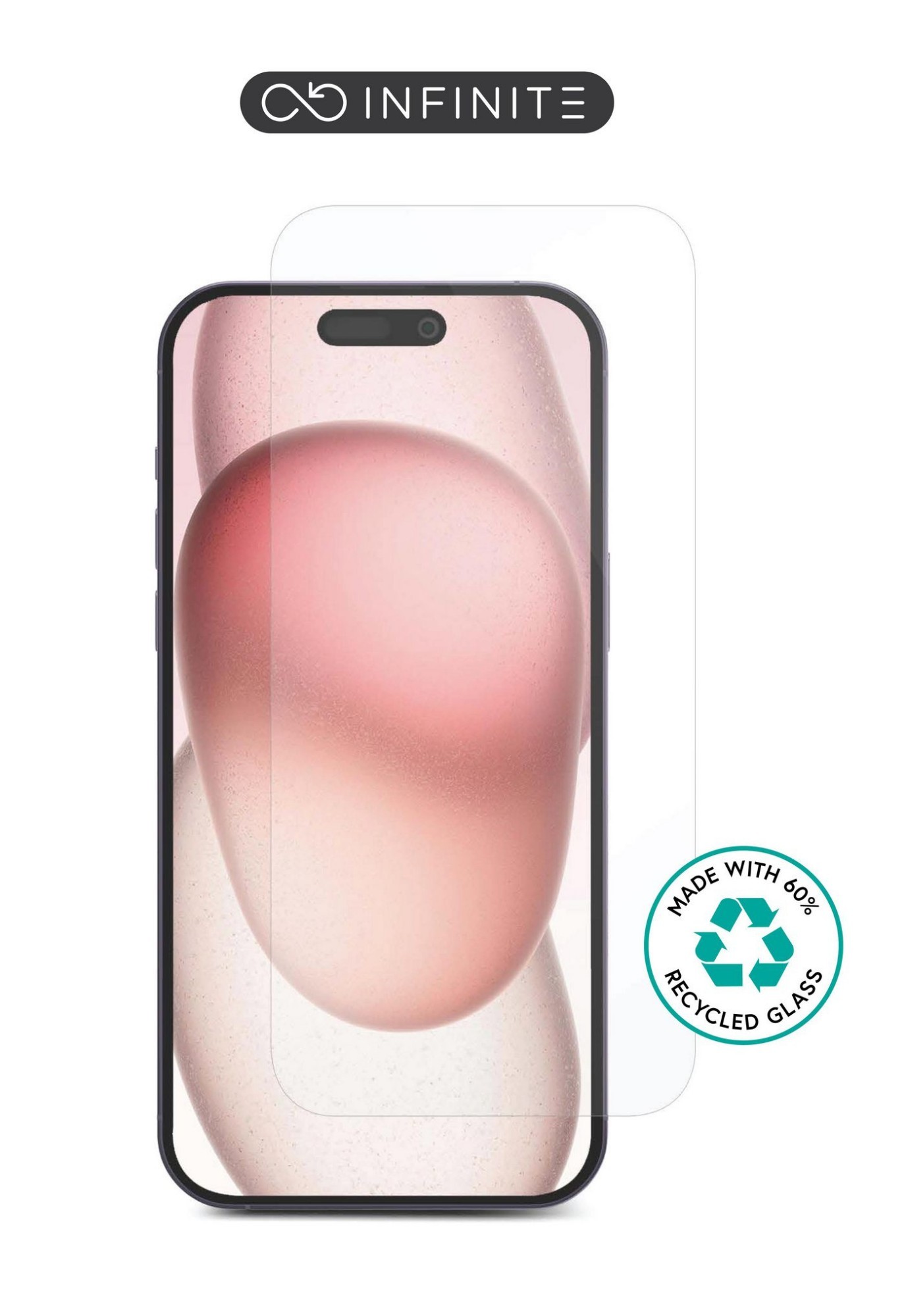Clear mobile phone screen protector displayed on a smartphone, featuring a sleek design, made with 60% recycled glass, and labeled with "INFINITE" branding.