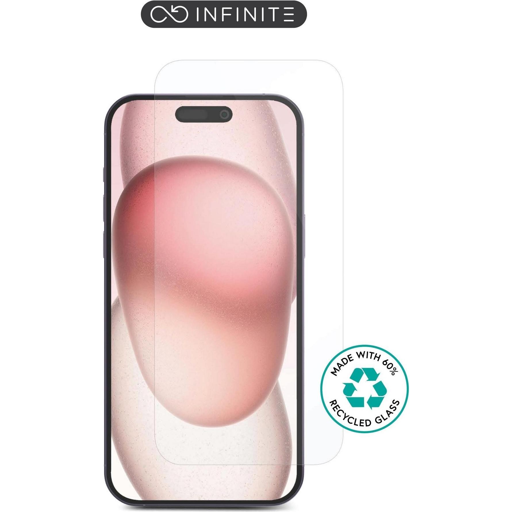 Clear mobile phone screen protector made of recycled glass, designed for a sleek fit, showcasing a smooth surface and rounded edges, with a minimalist design.