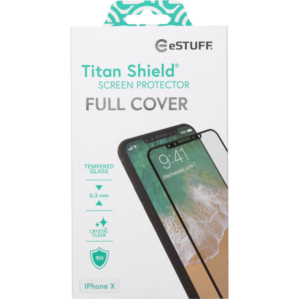 Clear tempered glass screen protector for mobile phones, featuring a full cover design, 0.3 mm thickness, and labeled for iPhone X compatibility.