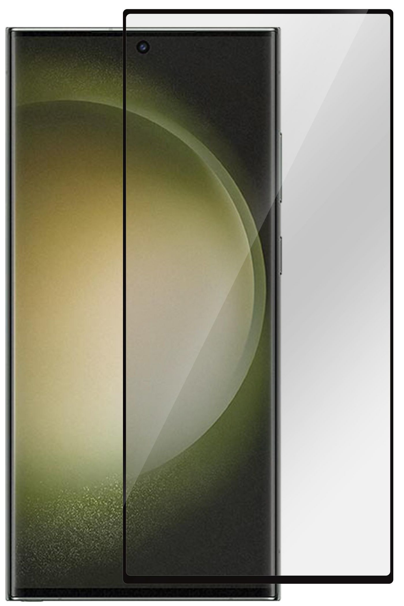 Clear mobile phone screen protector with a black border, designed to fit snugly over a smartphone display, showcasing a glossy finish and high transparency for optimal visibility.
