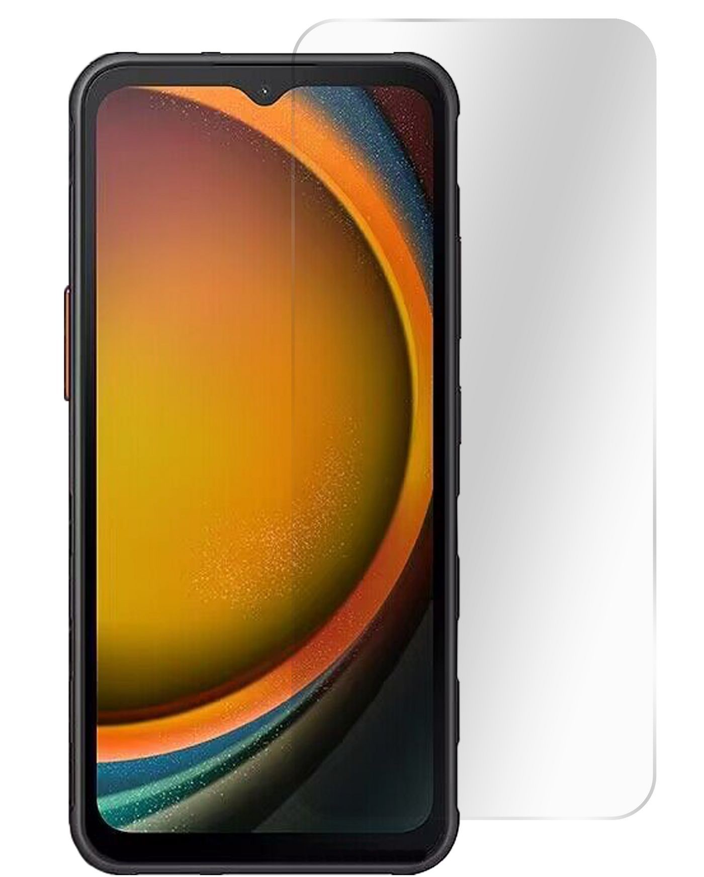 Clear screen protector designed for mobile phones, showcasing a smooth, transparent surface with a slight reflection, alongside a black phone case with rounded edges.