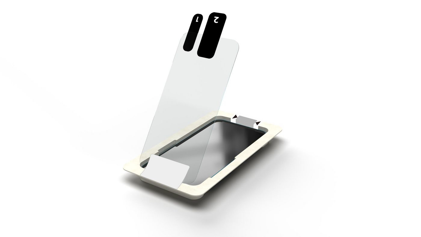 Clear mobile phone screen protector with numbered tabs for easy application, displayed in a protective case with a white border.