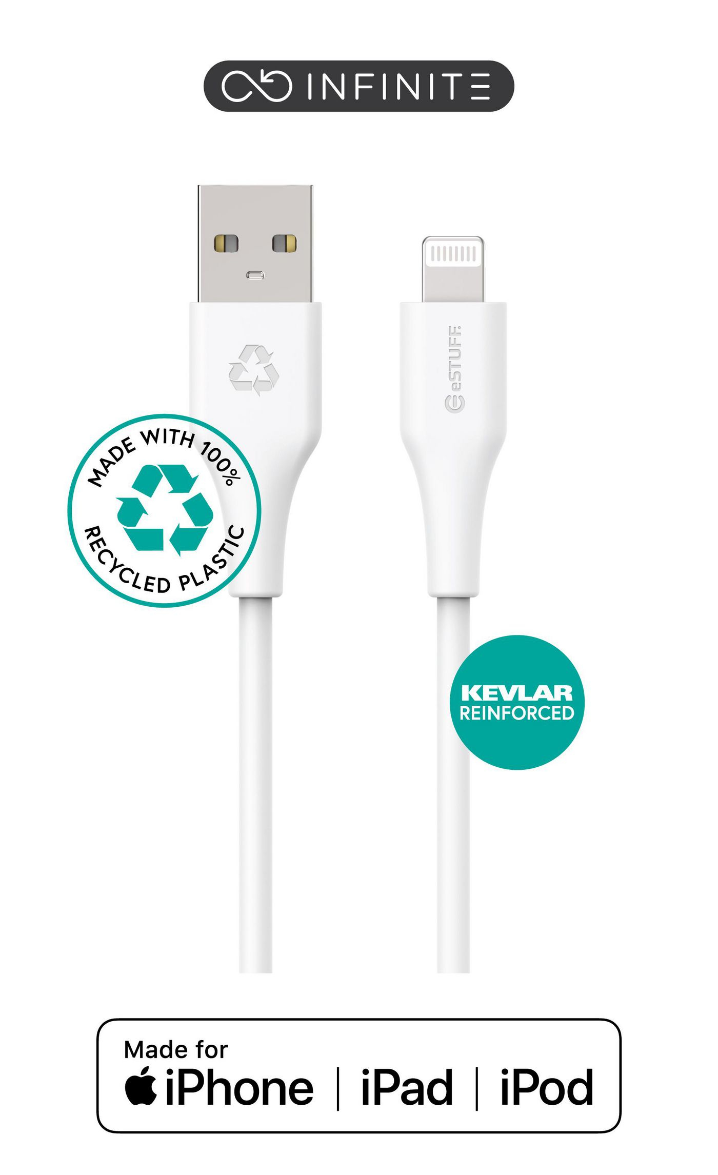White Lightning cable with a 2-meter length, featuring a USB connector and a Lightning connector, made from 100% recycled plastic and Kevlar reinforced for durability.