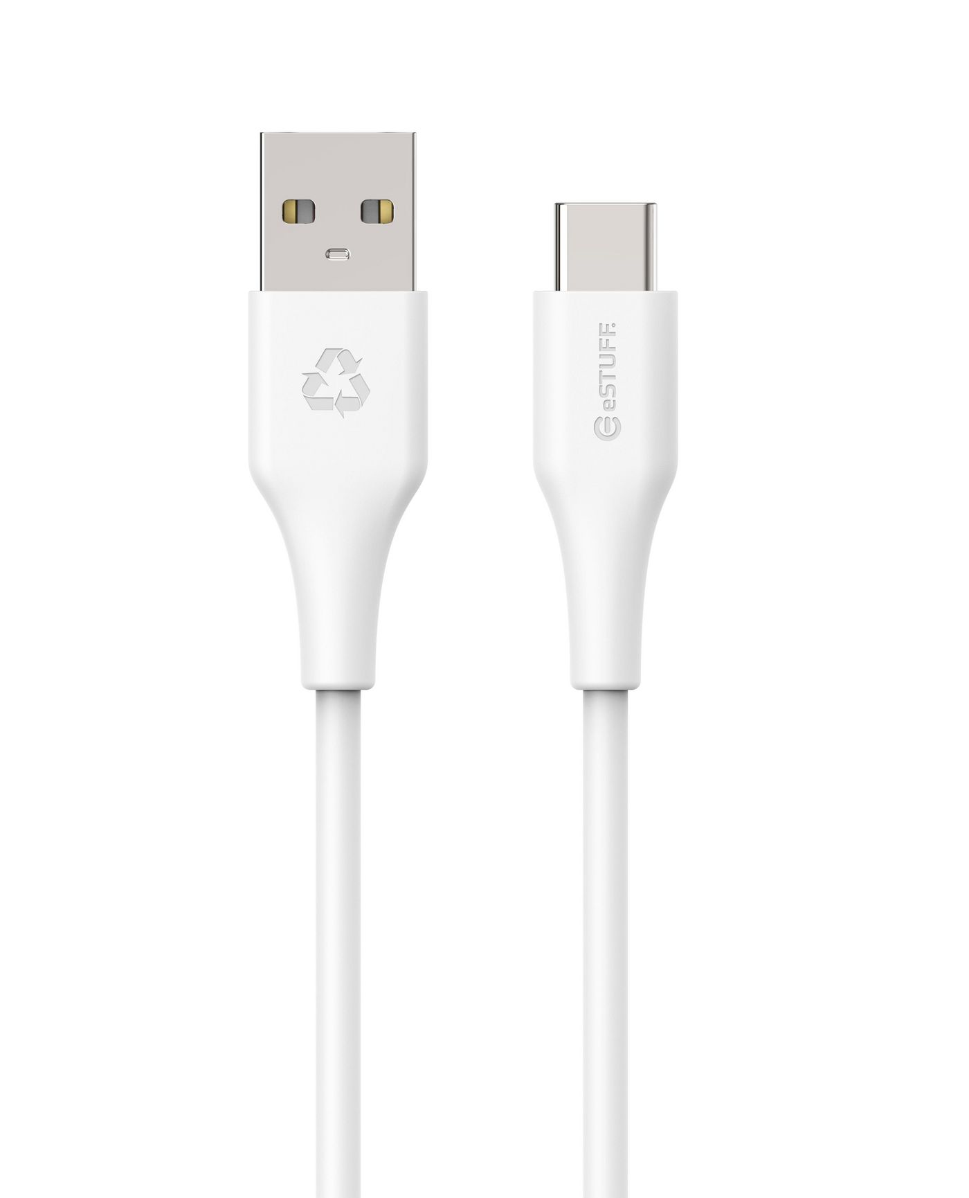 White USB 2.0 cable, 1 meter long, featuring a standard USB-A connector on one end and a USB-C connector on the other, with a smooth plastic finish and eSTUFF branding.