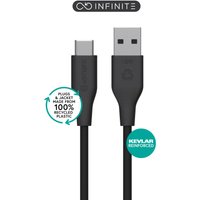 Black eSTUFF ES605180-BULK USB cable with USB-C and USB-A connectors, Kevlar reinforced, made from recycled plastic.
