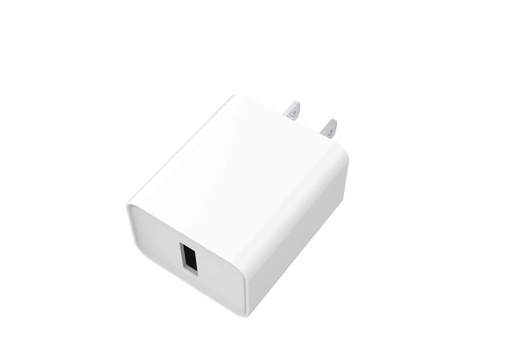 White AC indoor mobile device charger with a compact design, featuring a single USB port and prongs for wall mounting.