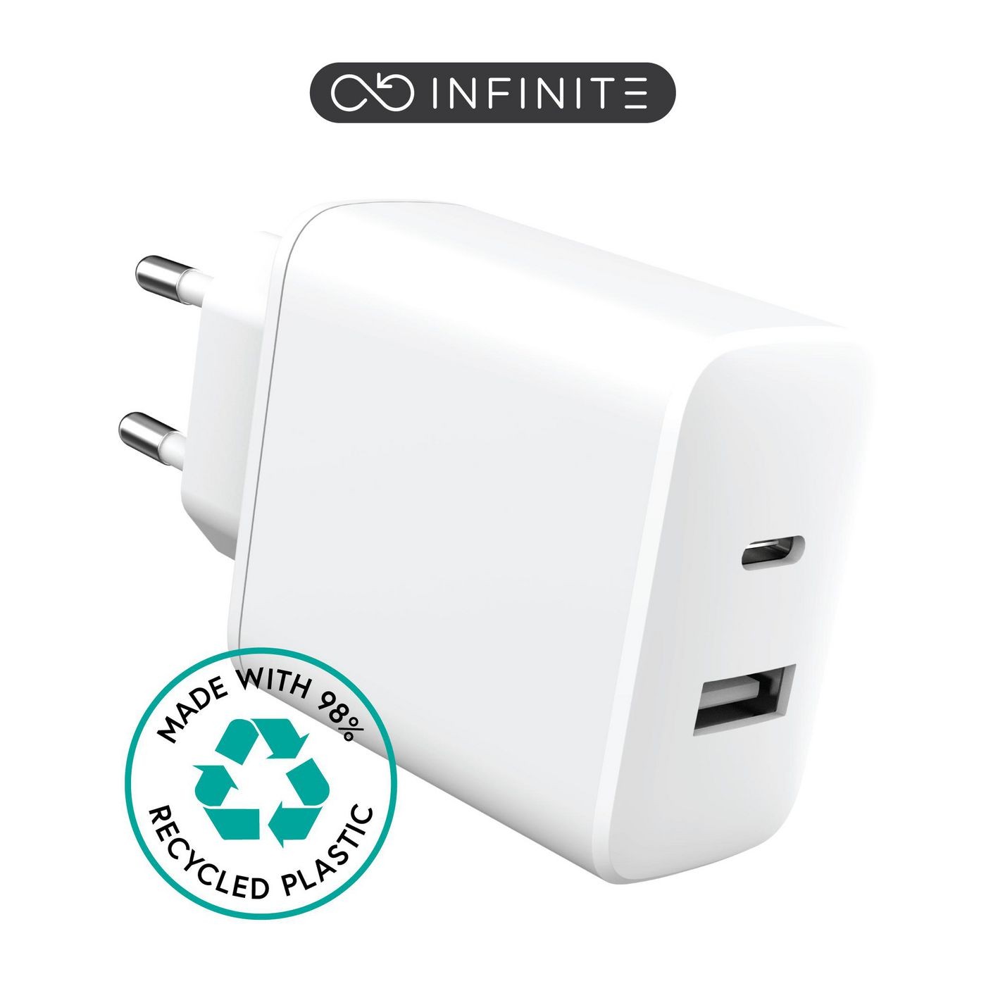 White AC fast charger with a USB and USB-C port, made from 98% recycled plastic, featuring a compact design and a logo indicating its eco-friendly materials.