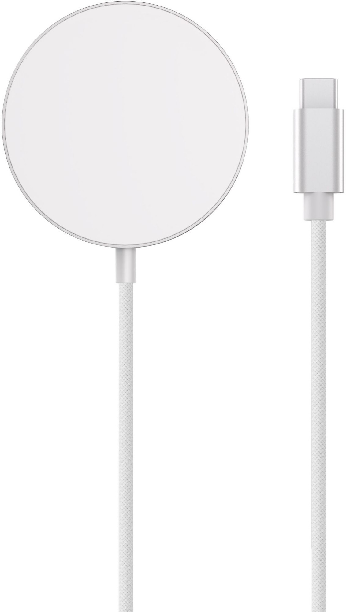 White circular mobile device charger with a sleek design, featuring a USB-C connector and a textured white cable for easy charging.