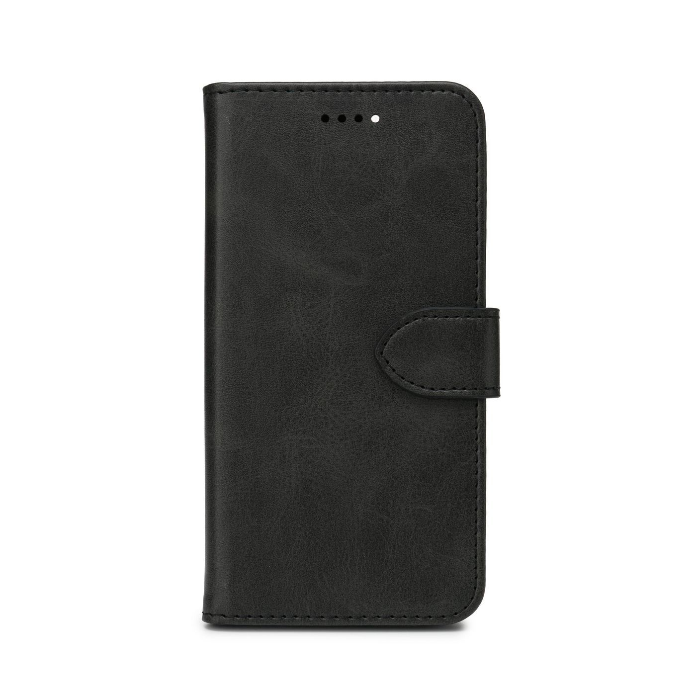 Black leather-like mobile phone case with a textured finish, featuring a magnetic closure and cutouts for buttons and ports.