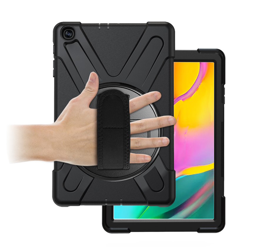 Black tablet case designed for 10.1" devices, featuring a sturdy exterior, textured grip handle on the back, and precise cutouts for ports and buttons.