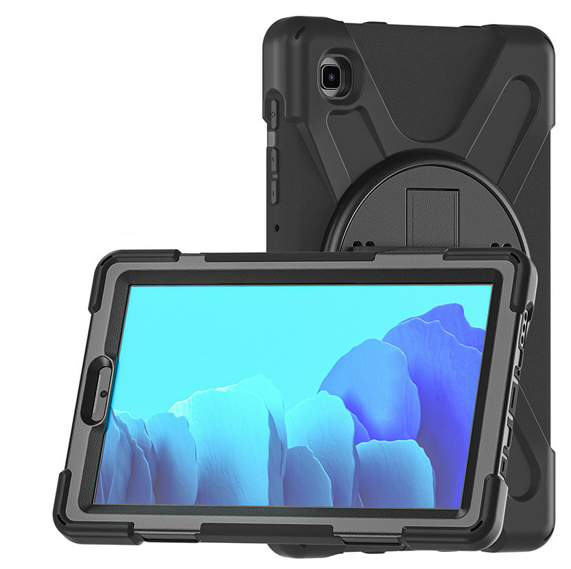 Black tablet case designed for 8.7" devices, featuring a rugged design, reinforced corners, and a built-in kickstand for hands-free use.